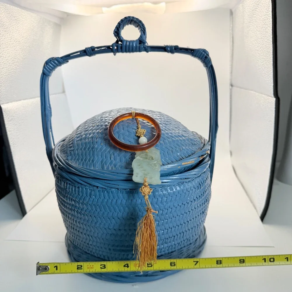VTG Chinese Woven Blue Wedding Basket Carved Jade Pendant Tassel Lidded Large